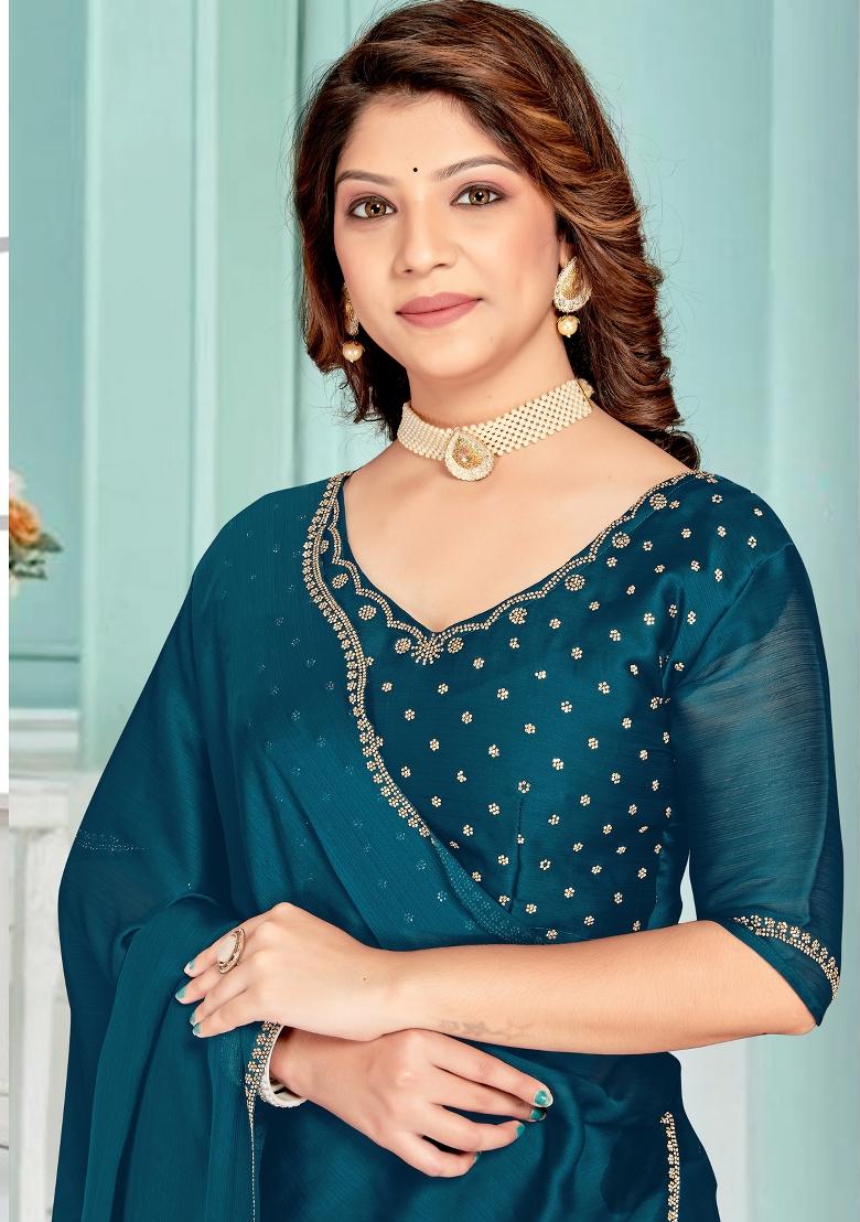 Teal Blue Embroidered Silk Saree Set - Indya