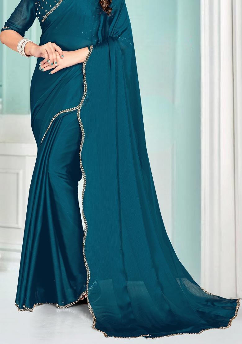 Teal Blue Embroidered Silk Saree Set - Indya