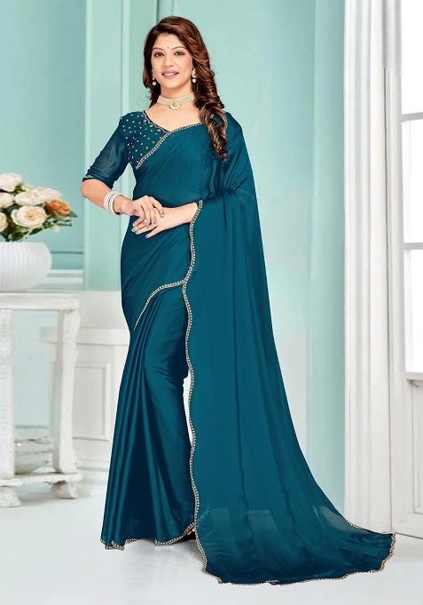 Teal Blue Embroidered Silk Saree Set