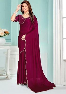 Purple Embroidered Silk Saree Set