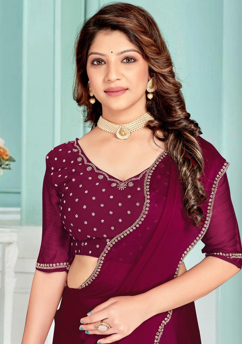 Purple Embroidered Silk Saree Set - Indya