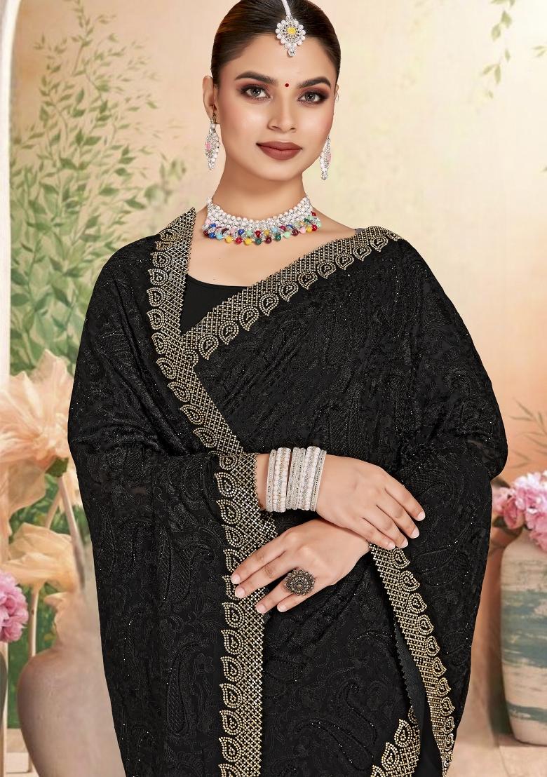 Black Embroidered Georgette Saree Set - Indya
