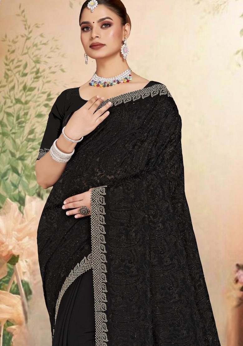 Black Embroidered Georgette Saree Set - Indya
