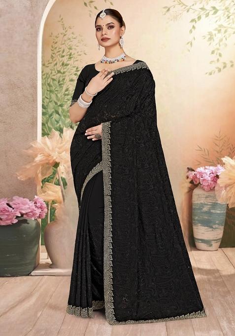Black Embroidered Georgette Saree Set