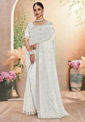 White Embroidered Georgette Saree Set