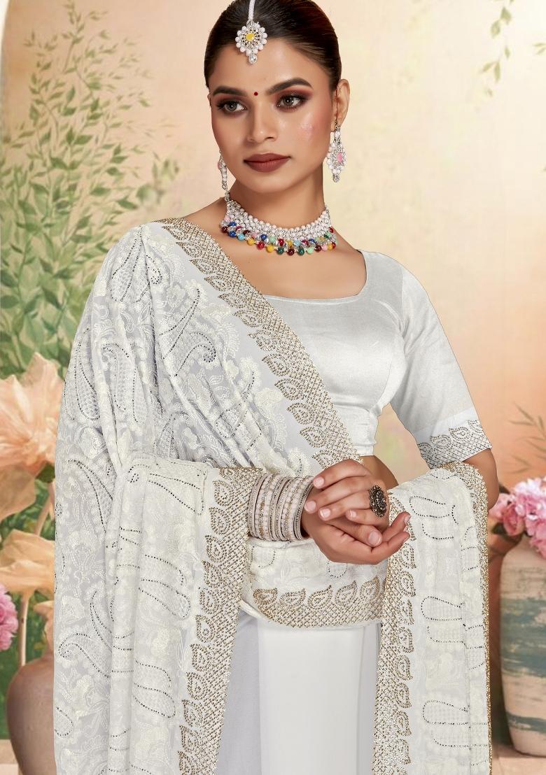 White Embroidered Georgette Saree Set - Indya