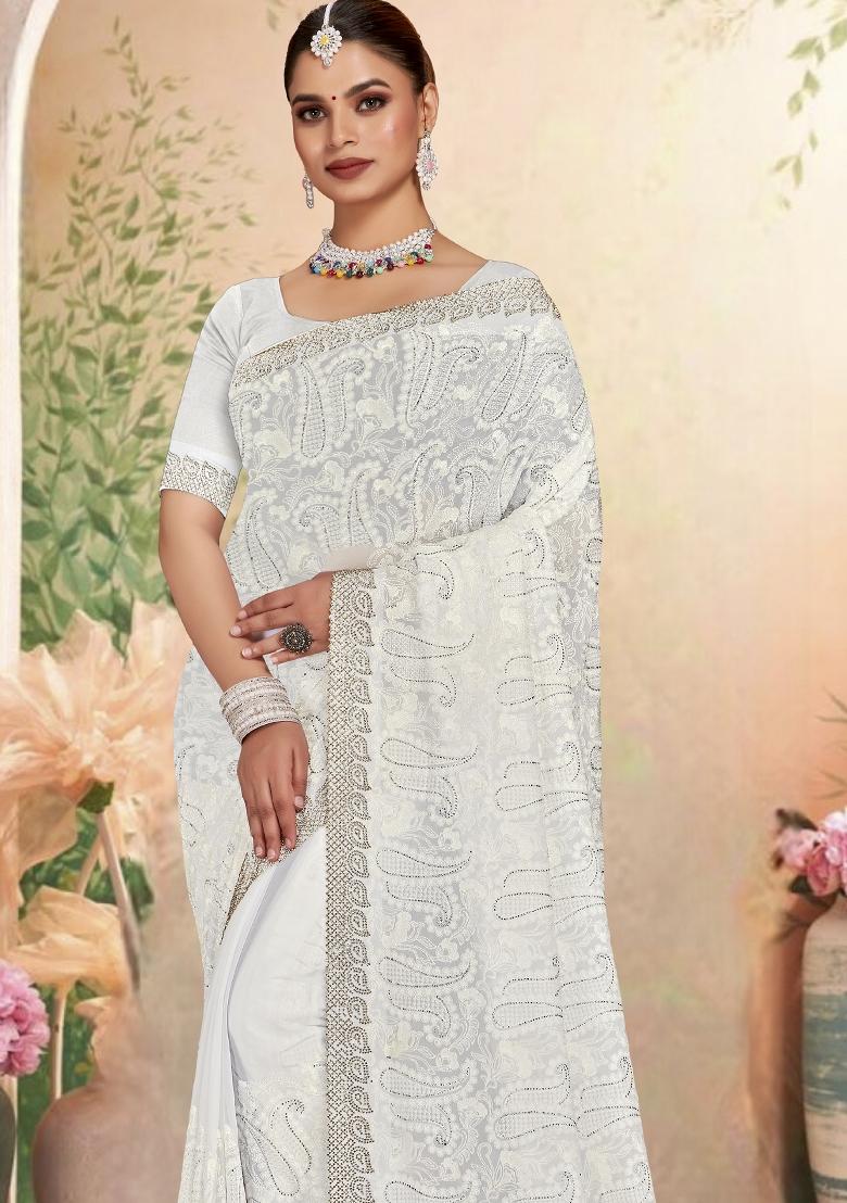 White Embroidered Georgette Saree Set - Indya