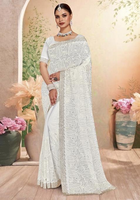 White Embroidered Georgette Saree Set