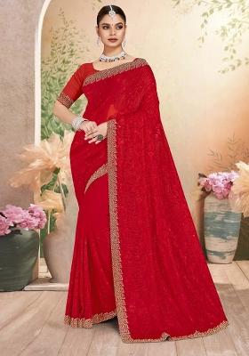 Red Embroidered Georgette Saree Set
