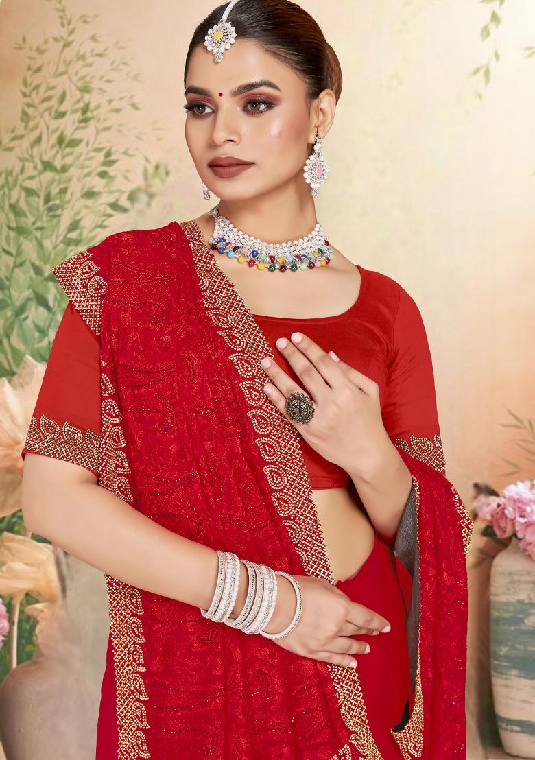 Red Embroidered Georgette Saree Set - Indya