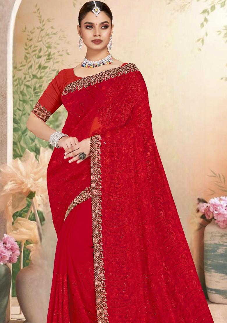 Red Embroidered Georgette Saree Set - Indya