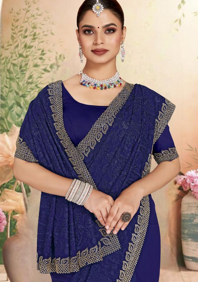 Navy Blue Embroidered Georgette Saree Set - Indya