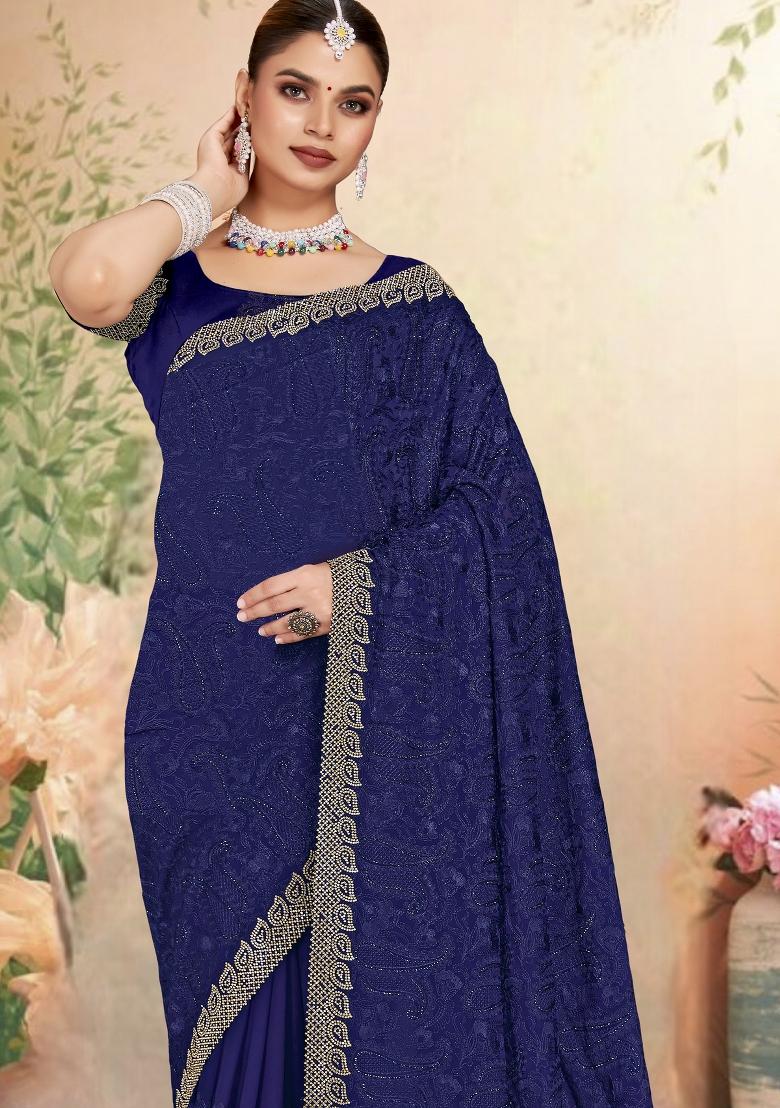 Navy Blue Embroidered Georgette Saree Set - Indya