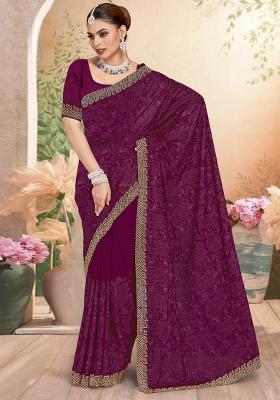 Wine Embroidered Georgette Saree Set