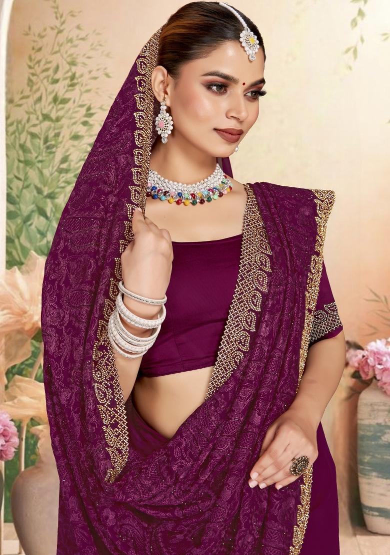 Wine Embroidered Georgette Saree Set - Indya