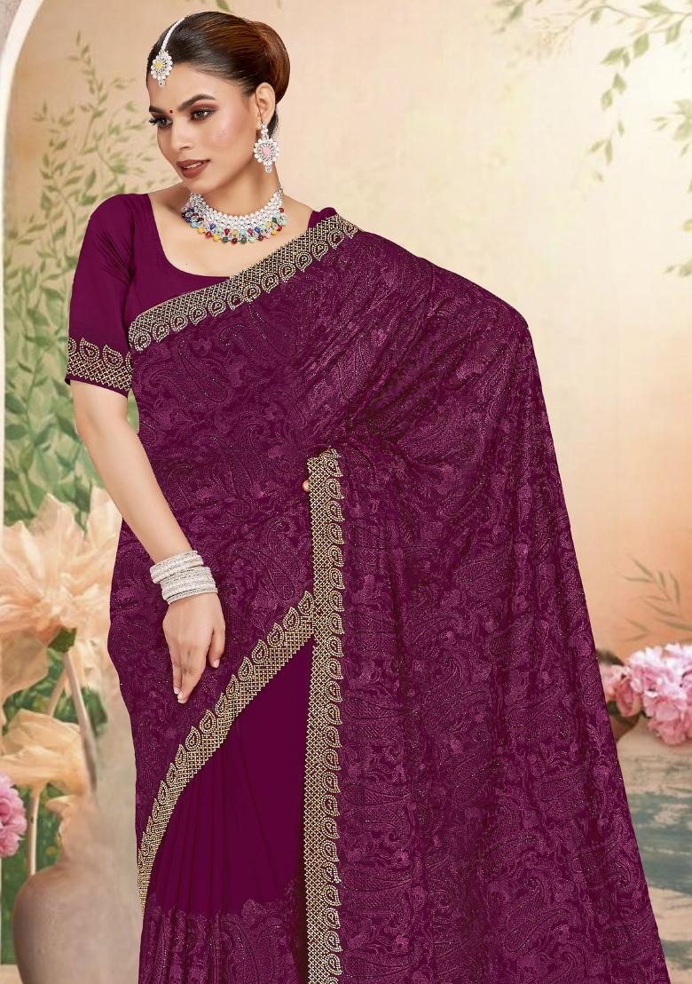 Wine Embroidered Georgette Saree Set - Indya