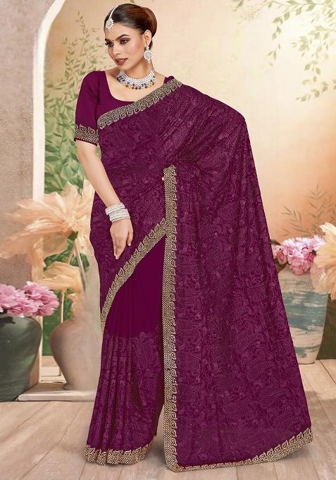 Wine Embroidered Georgette Saree Set
