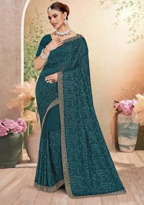 Teal Blue Embroidered Georgette Saree Set