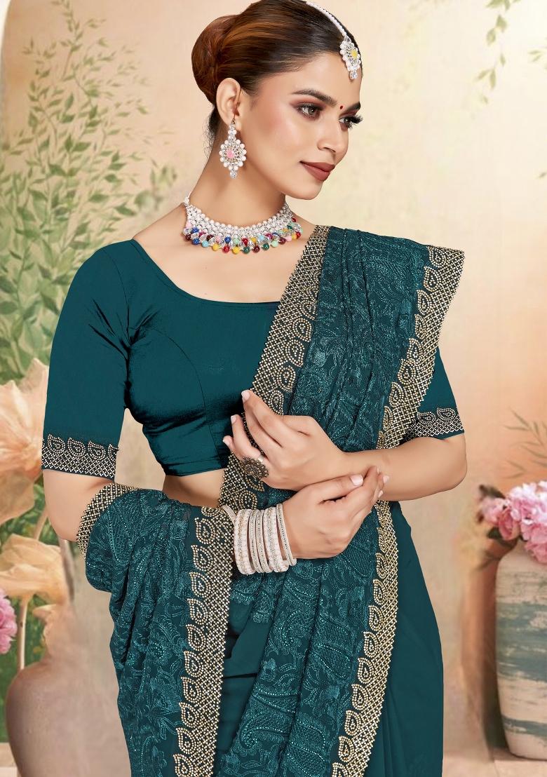 Teal Blue Embroidered Georgette Saree Set - Indya