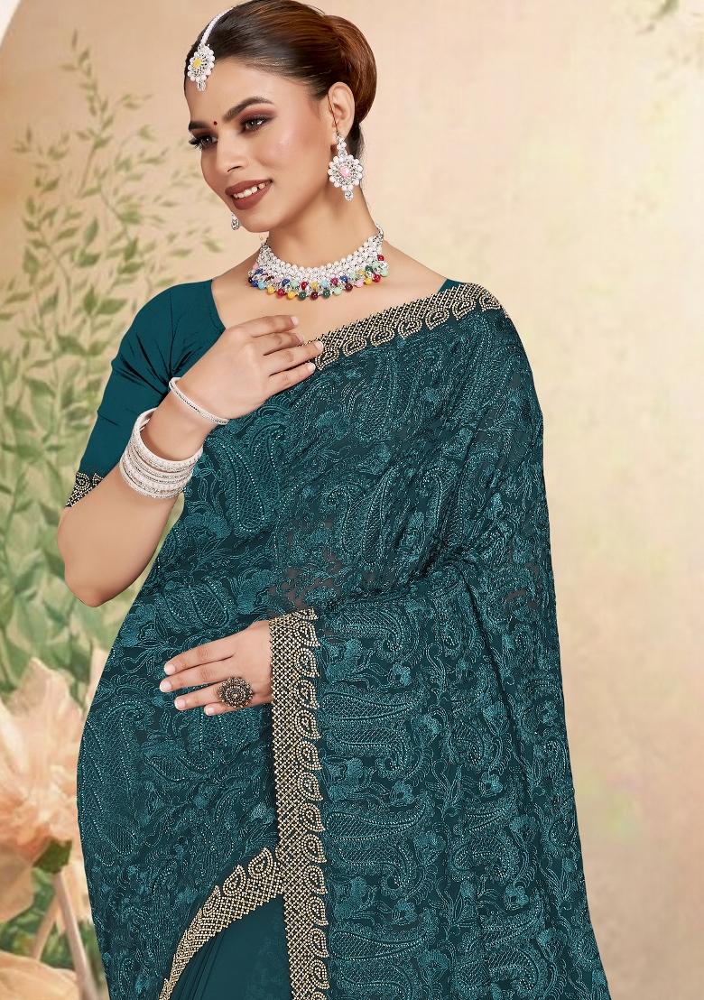 Teal Blue Embroidered Georgette Saree Set - Indya