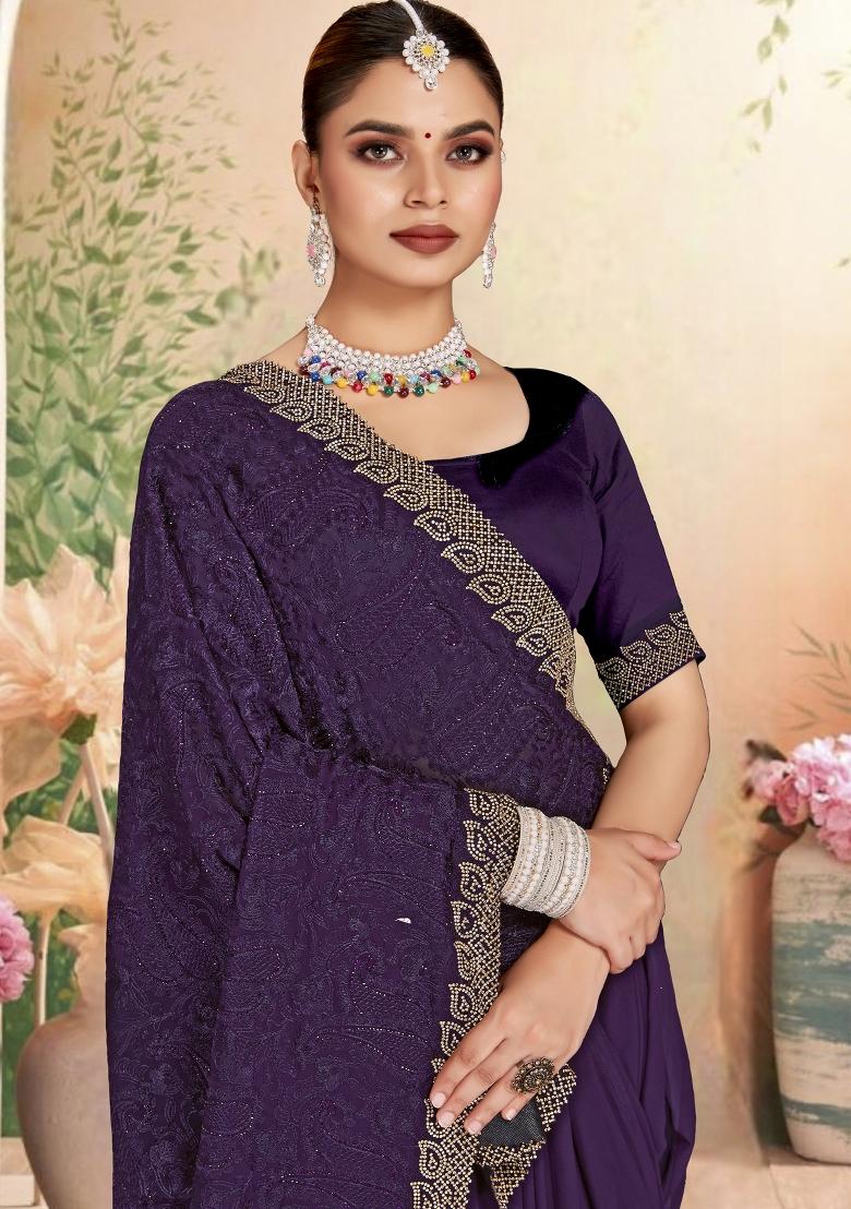 Purple Embroidered Georgette Saree Set - Indya