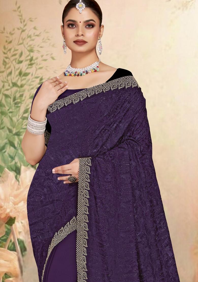 Purple Embroidered Georgette Saree Set - Indya