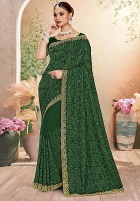 Bottel Green Embroidered Georgette Saree Set