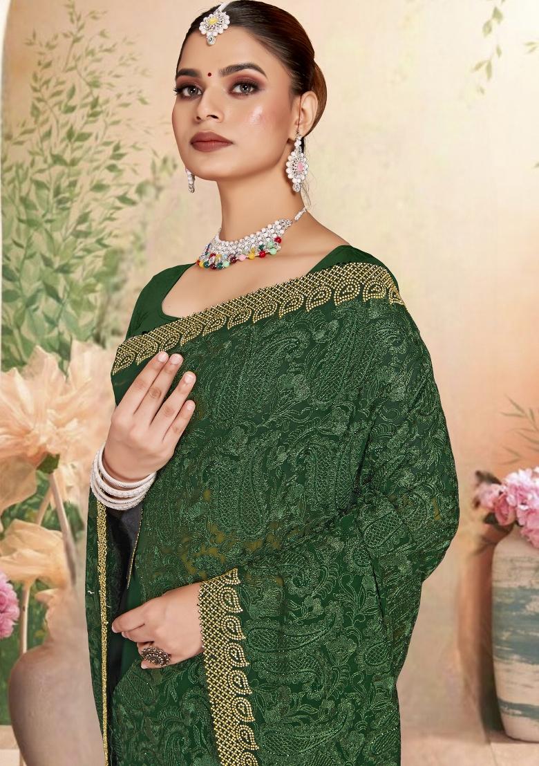 Bottel Green Embroidered Georgette Saree Set - Indya