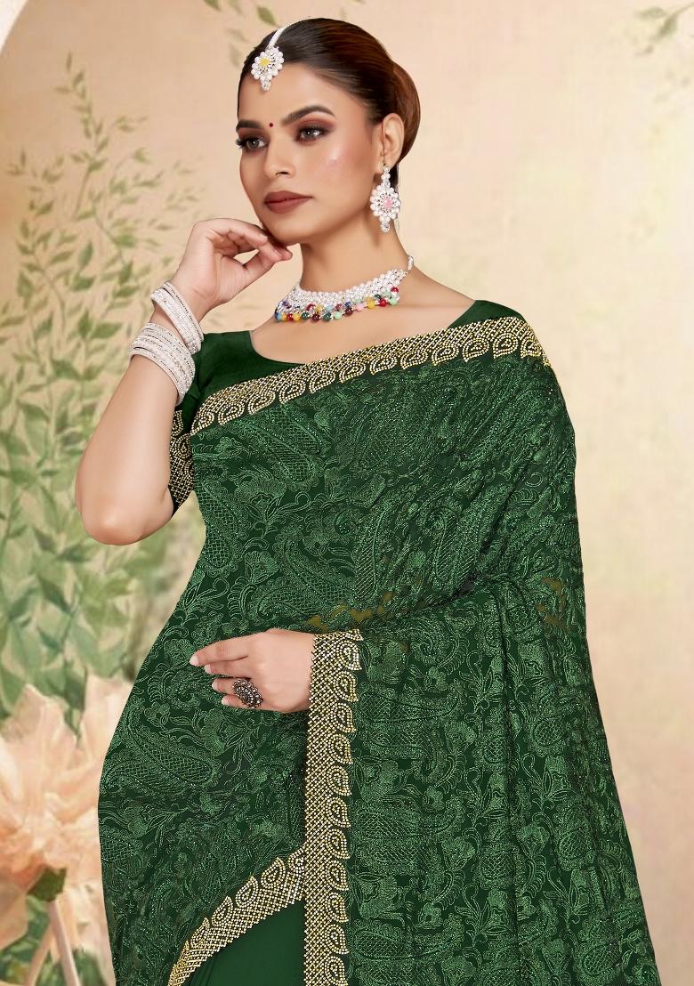 Bottel Green Embroidered Georgette Saree Set - Indya