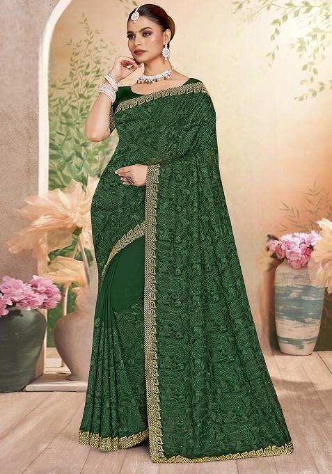 Bottel Green Embroidered Georgette Saree Set