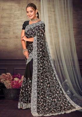 Black Embroidered Georgette Saree Set