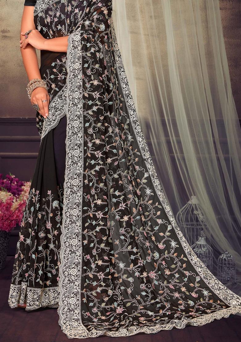 Black Embroidered Georgette Saree Set - Indya