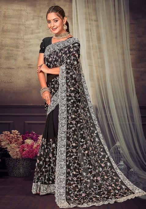 Black Embroidered Georgette Saree Set