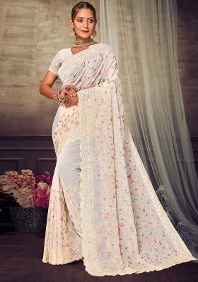Off White Embroidered Georgette Saree Set