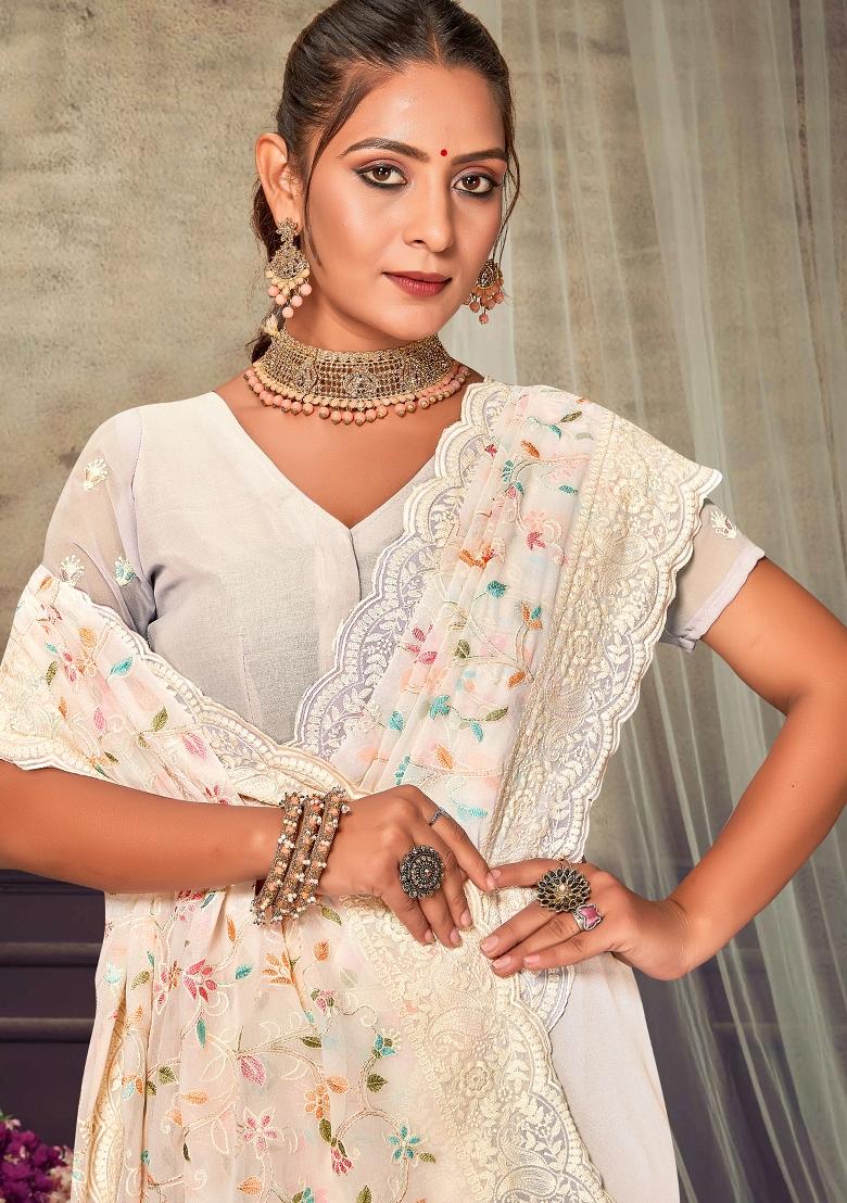 Off White Embroidered Georgette Saree Set - Indya