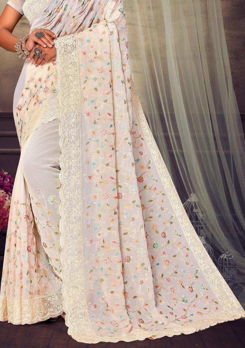 Off White Embroidered Georgette Saree Set - Indya