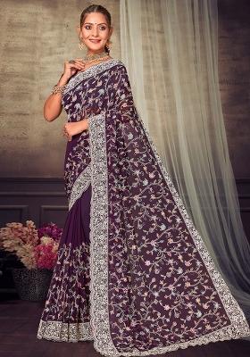 Purple Embroidered Georgette Saree Set