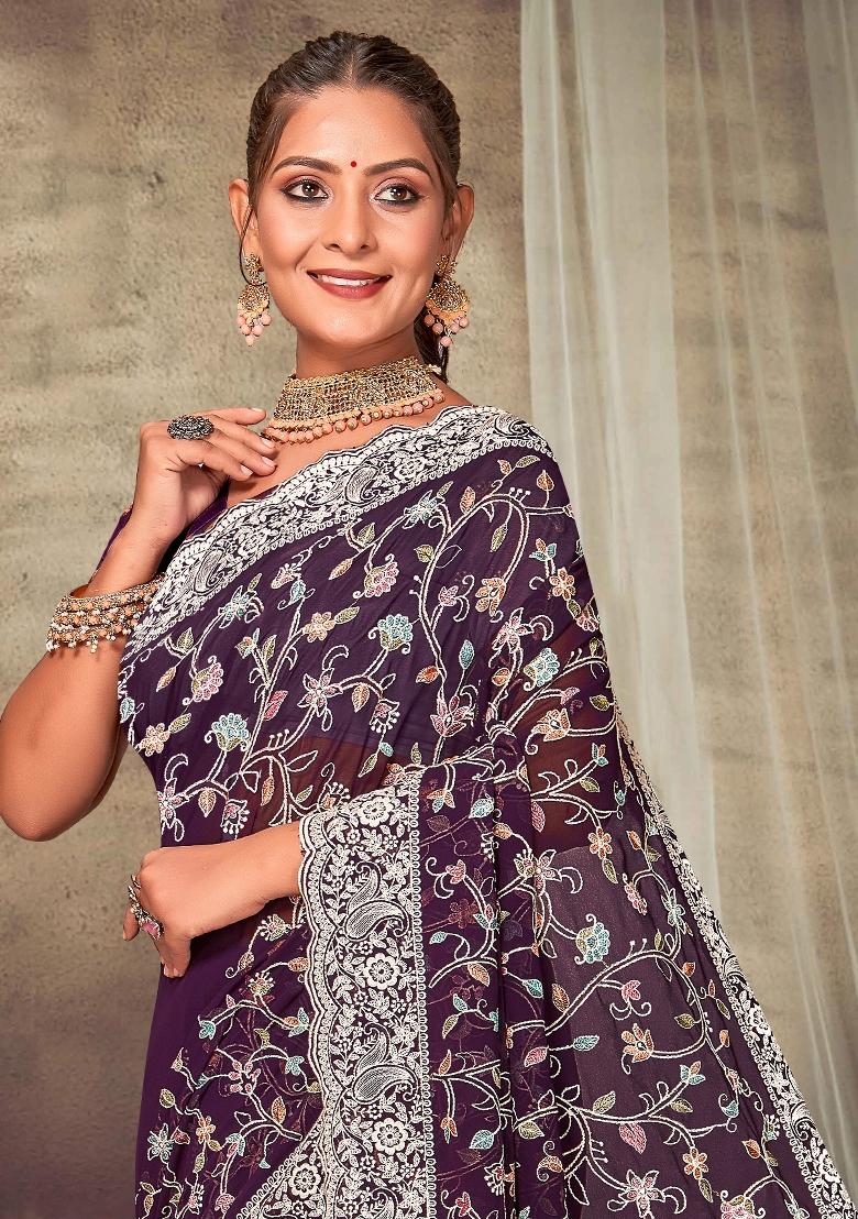 Purple Embroidered Georgette Saree Set - Indya