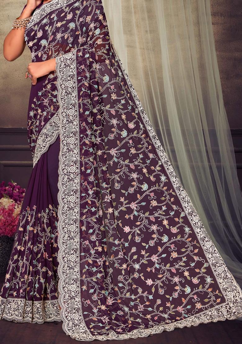 Purple Embroidered Georgette Saree Set - Indya