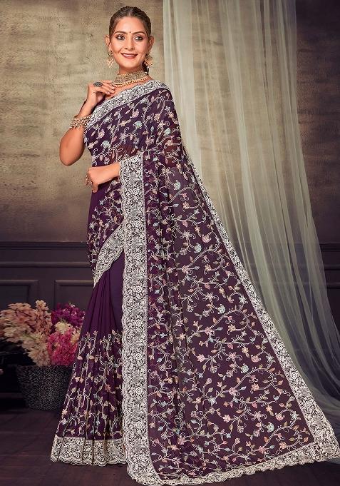 Purple Embroidered Georgette Saree Set