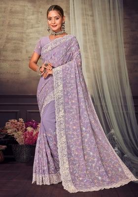 Lavender Embroidered Georgette Saree Set