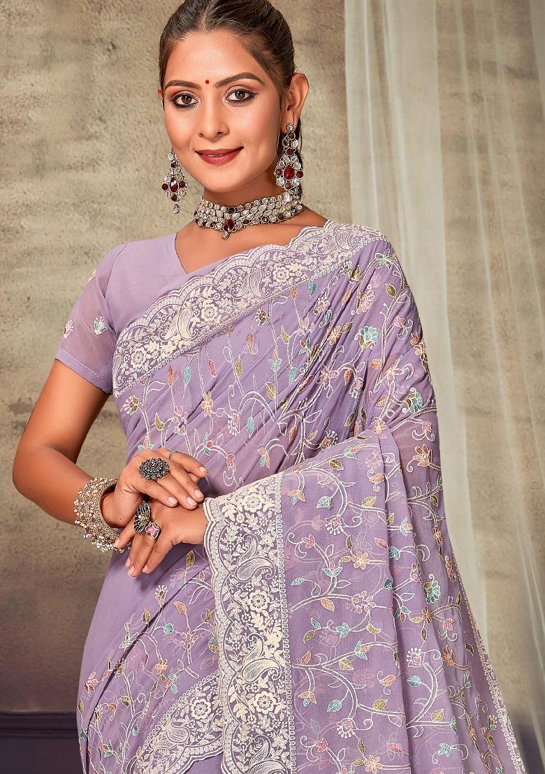 Lavender Embroidered Georgette Saree Set - Indya