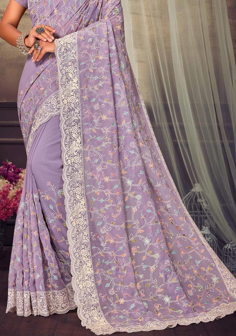Lavender Embroidered Georgette Saree Set - Indya