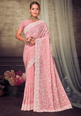 Peach Embroidered Georgette Saree Set