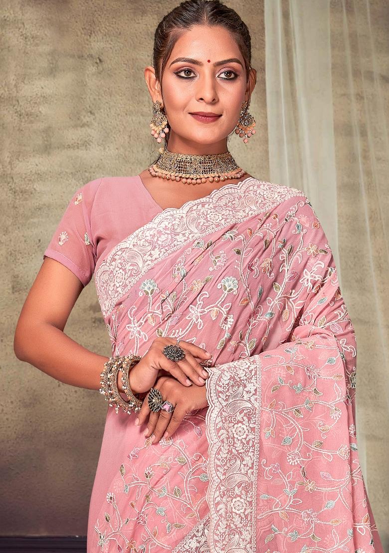 Peach Embroidered Georgette Saree Set - Indya