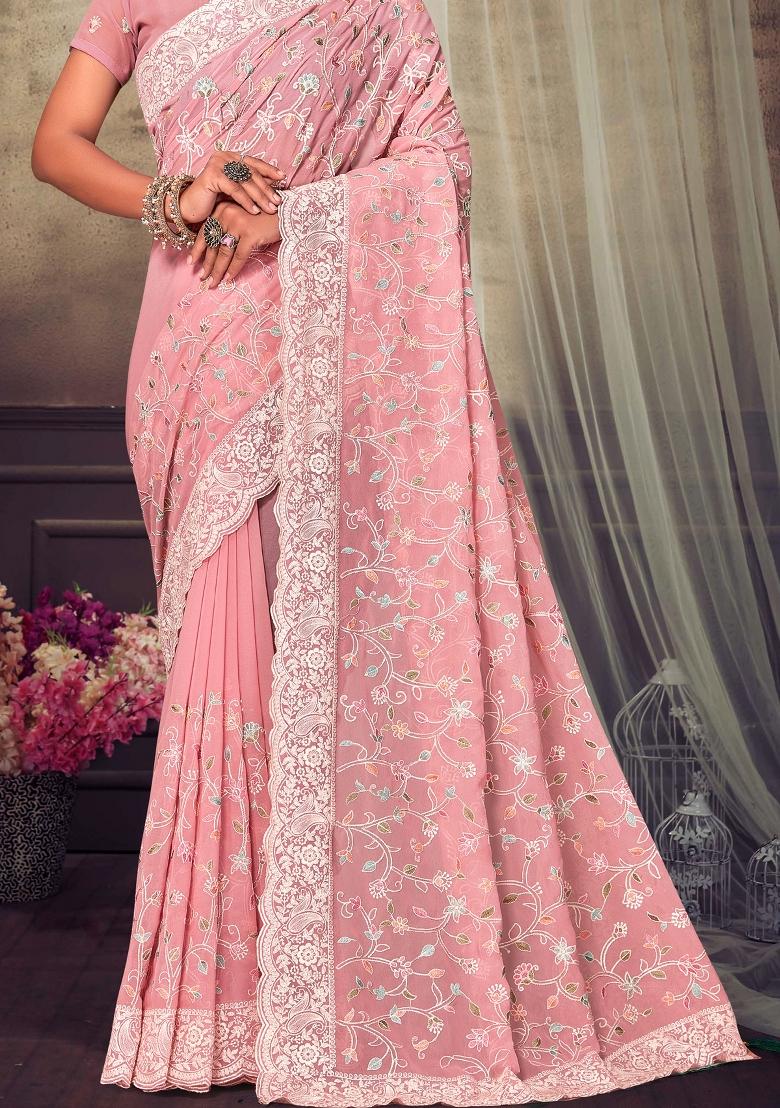 Peach Embroidered Georgette Saree Set - Indya