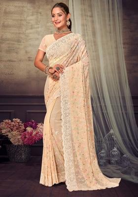 Light Yellow Embroidered Georgette Saree Set