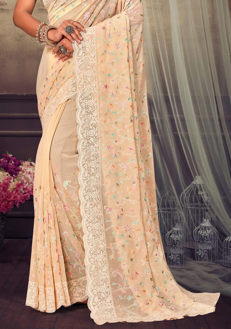 Light Yellow Embroidered Georgette Saree Set - Indya