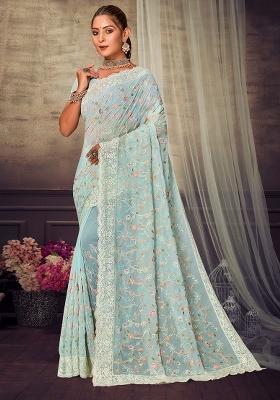 Sky Blue Embroidered Georgette Saree Set