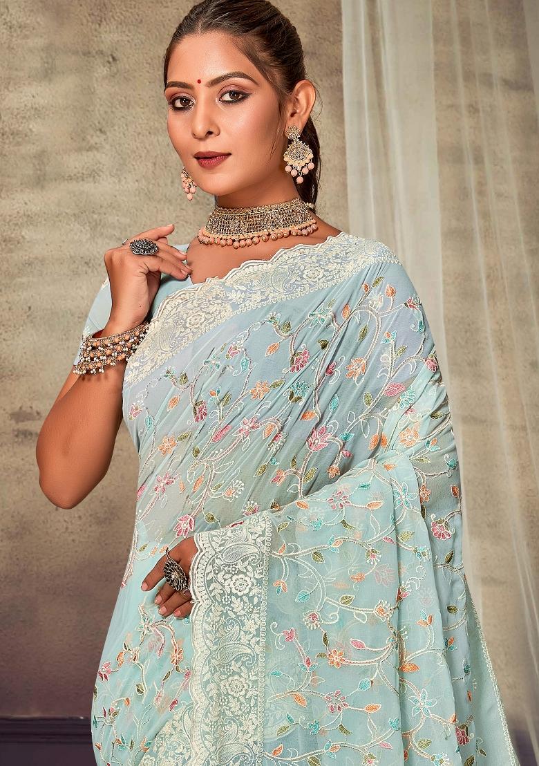Sky Blue Embroidered Georgette Saree Set - Indya